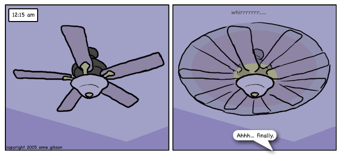 panel 1: timestamp 12:15 am. view of ceiling fan from below. it's motionless. panel 2: it begins to spin with a softw whirrrr indicating the power's back on. from below someone says: ah, finally.