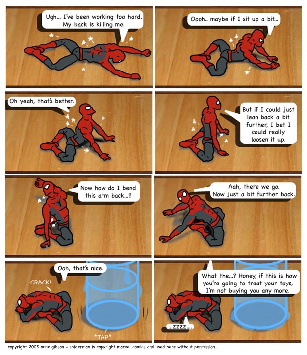 Spiderman's one of my main tools for figuring out how to draw a person. For this, though, I cheated and traced photos of him I took with my camera.