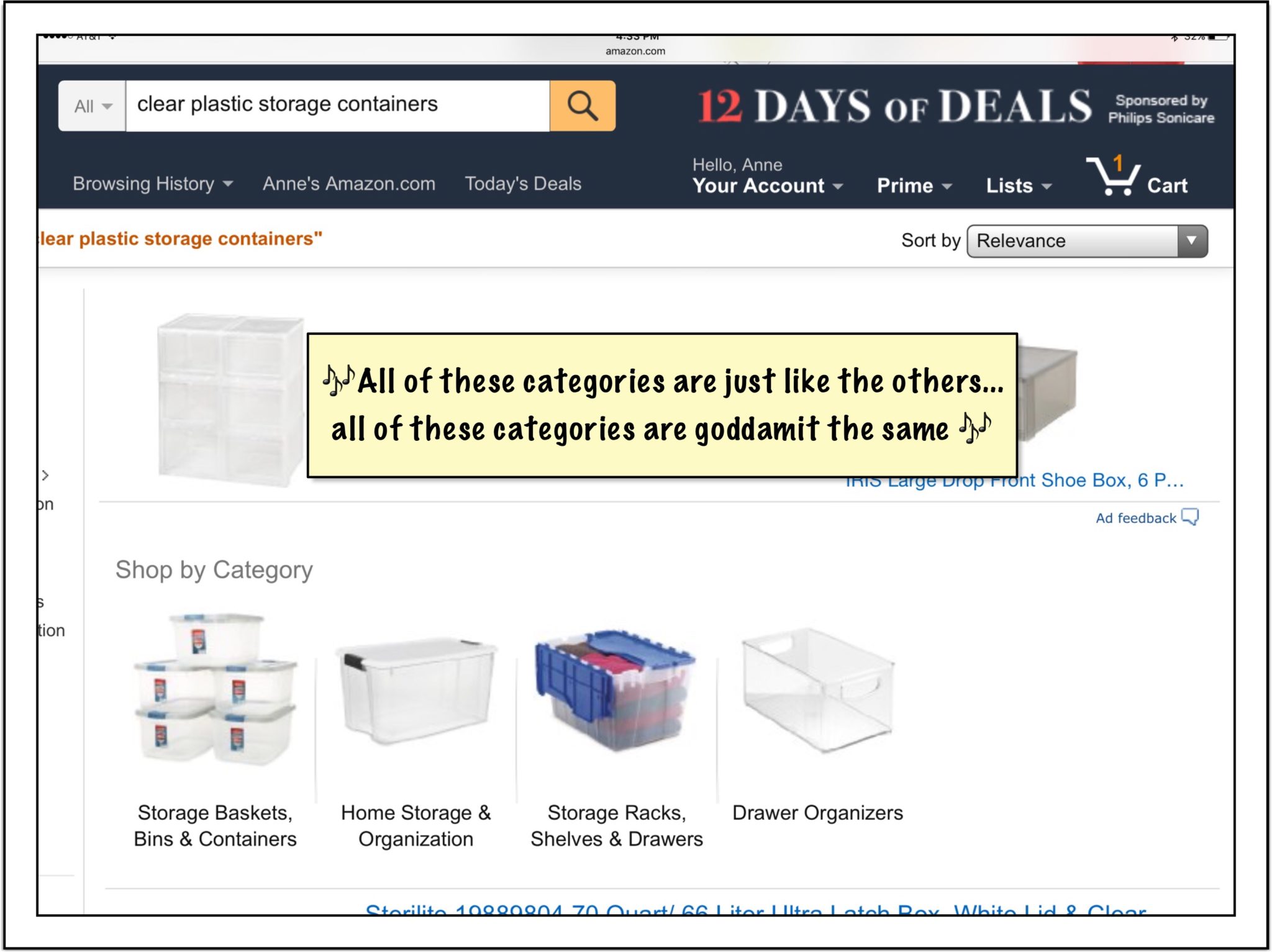 (Over a picture of Amazon's categories of clear plastic containers, which are so bad I couldn't determine which category a specific kind of container would be in) All of these categories are just like the others... all of these categories are goddammit the same