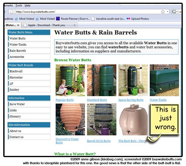 a water butt is a thingie that catches the rain water off your roof. a butt-butt is just wrong.